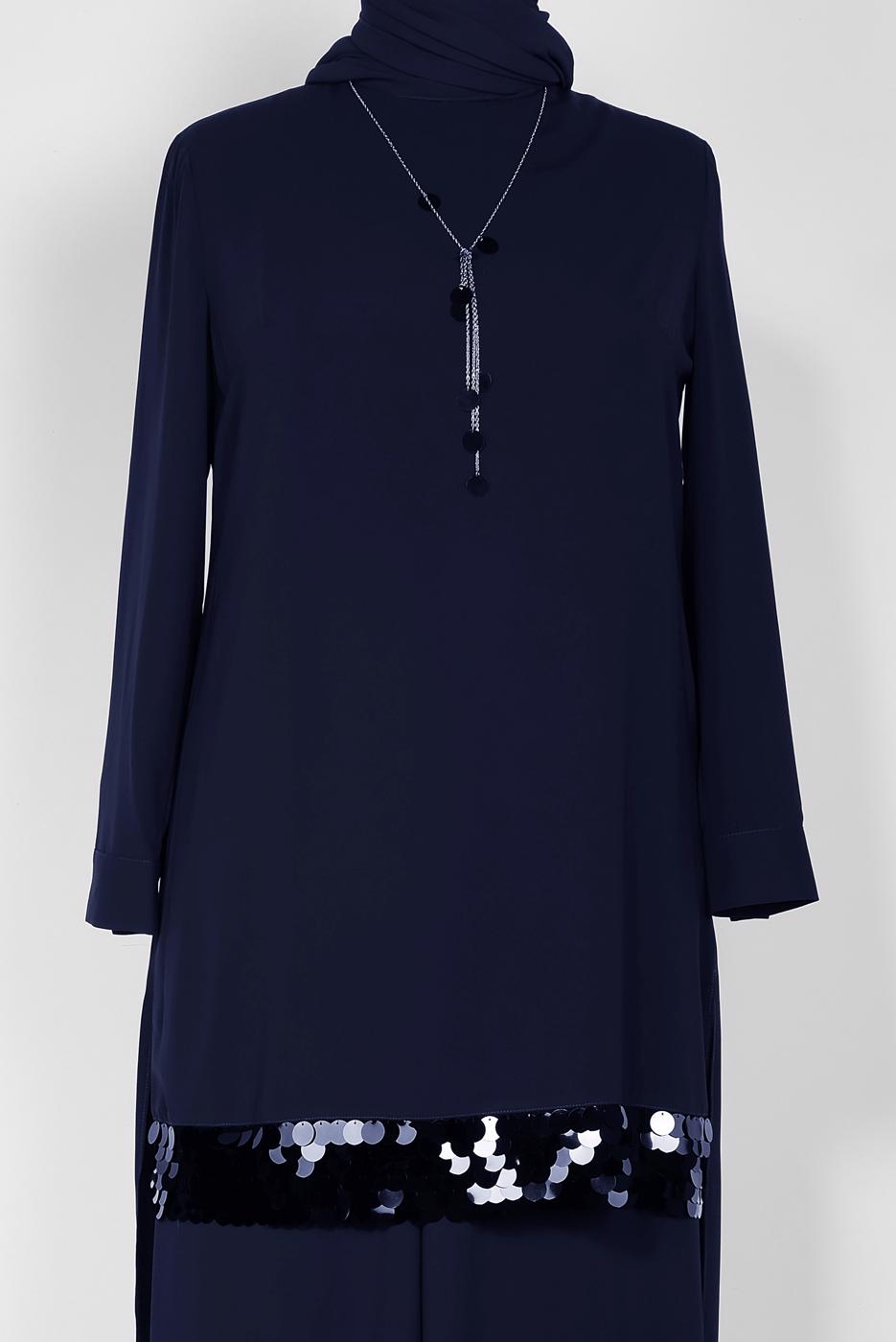 Tesettür giyim LACİVERT ALVİNA PUL PAYET DETAYLI 2′Lİ PANTOLONLU TAKIM 2853 