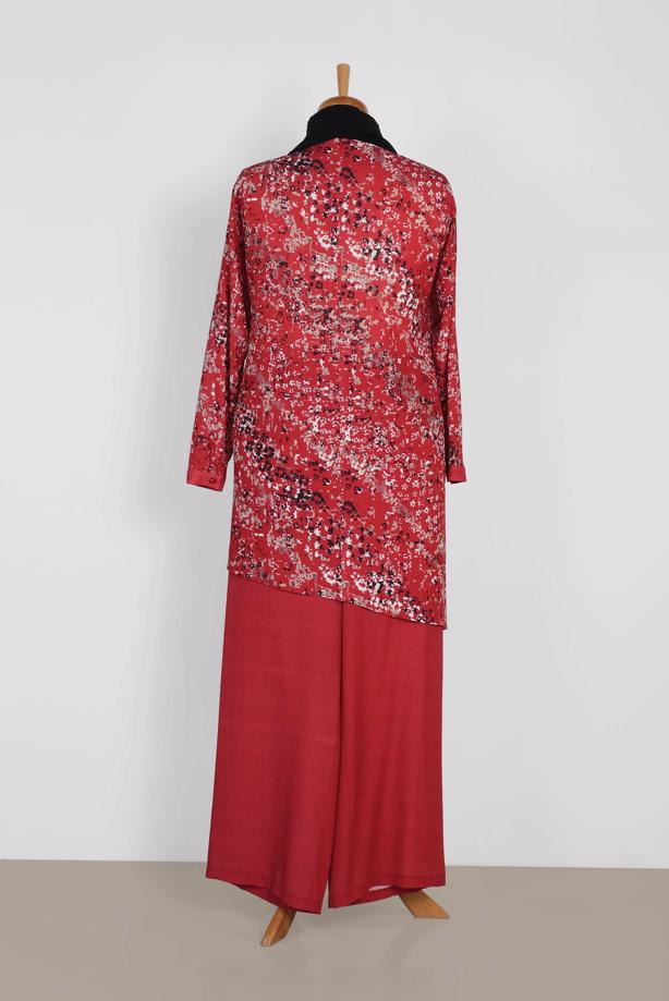 Tesettür giyim KIRMIZI ÇİÇEK DESENLİ ASİMETRİK PANTOLONLU TAKIM 2869 - TRENDTESETTÜR