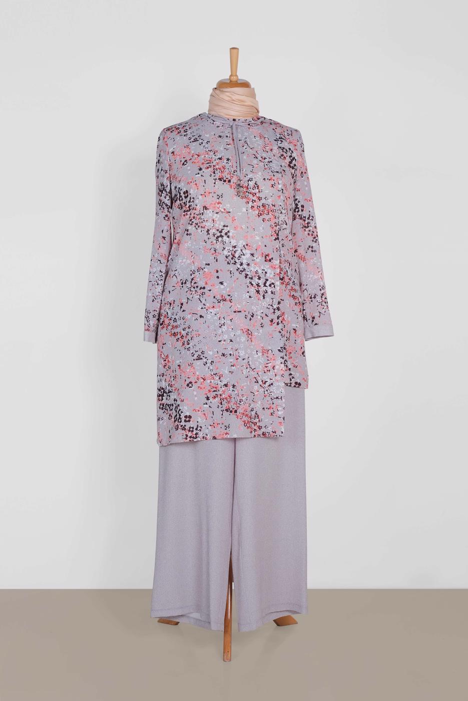 Tesettür giyim GRİ ÇİÇEK DESENLİ ASİMETRİK PANTOLONLU TAKIM 2869