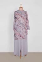 Tesettür giyim GRİ ÇİÇEK DESENLİ ASİMETRİK PANTOLONLU TAKIM 2869