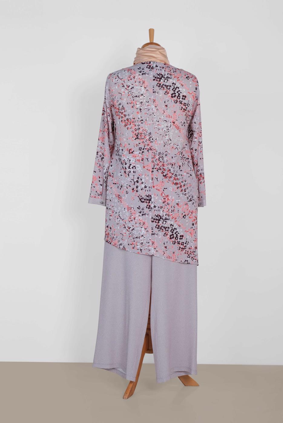 Tesettür giyim GRİ ÇİÇEK DESENLİ ASİMETRİK PANTOLONLU TAKIM 2869