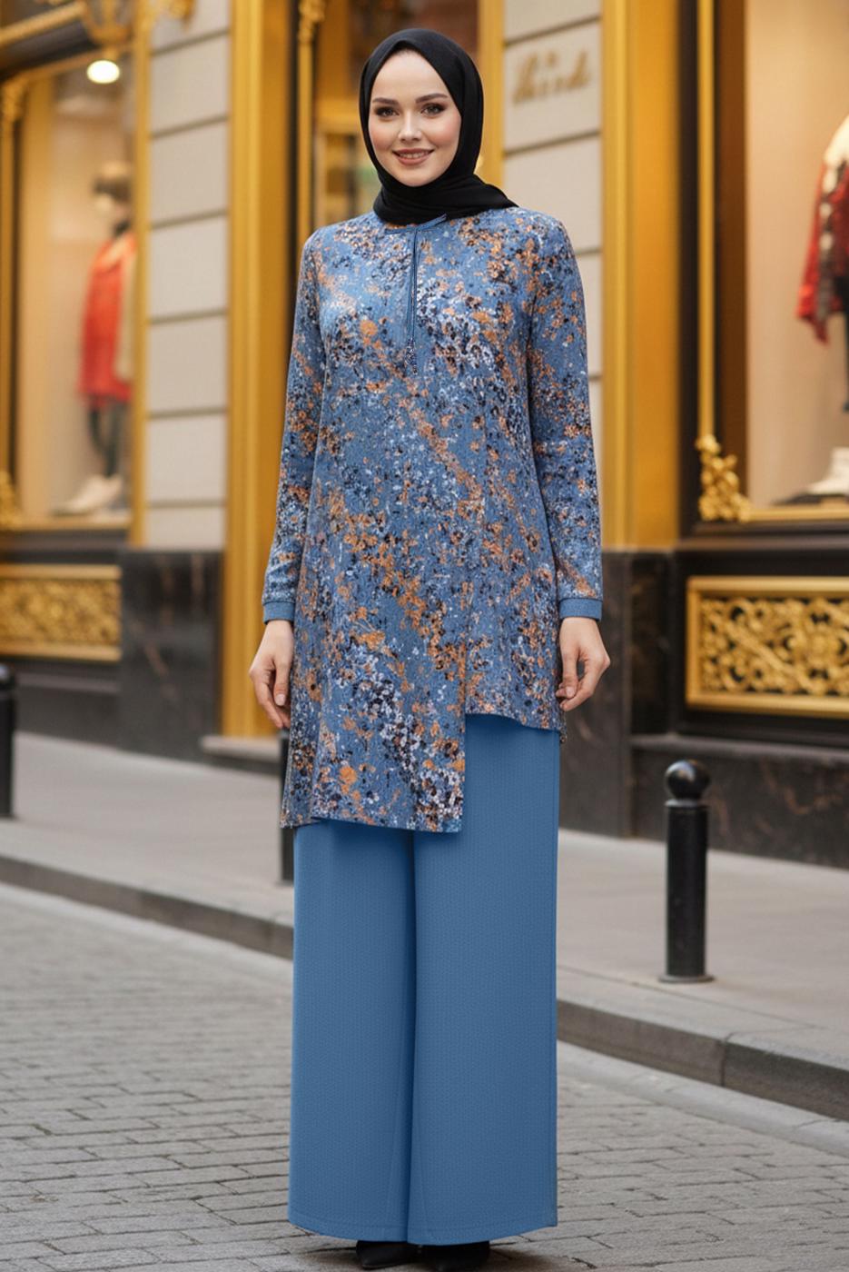 Hijab clothing NAVY BLUE ALVINA FLORAL PATTERNED PANTSUIT T 2869