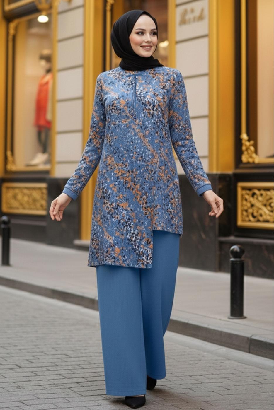 Hijab clothing NAVY BLUE ALVINA FLORAL PATTERNED PANTSUIT T 2869