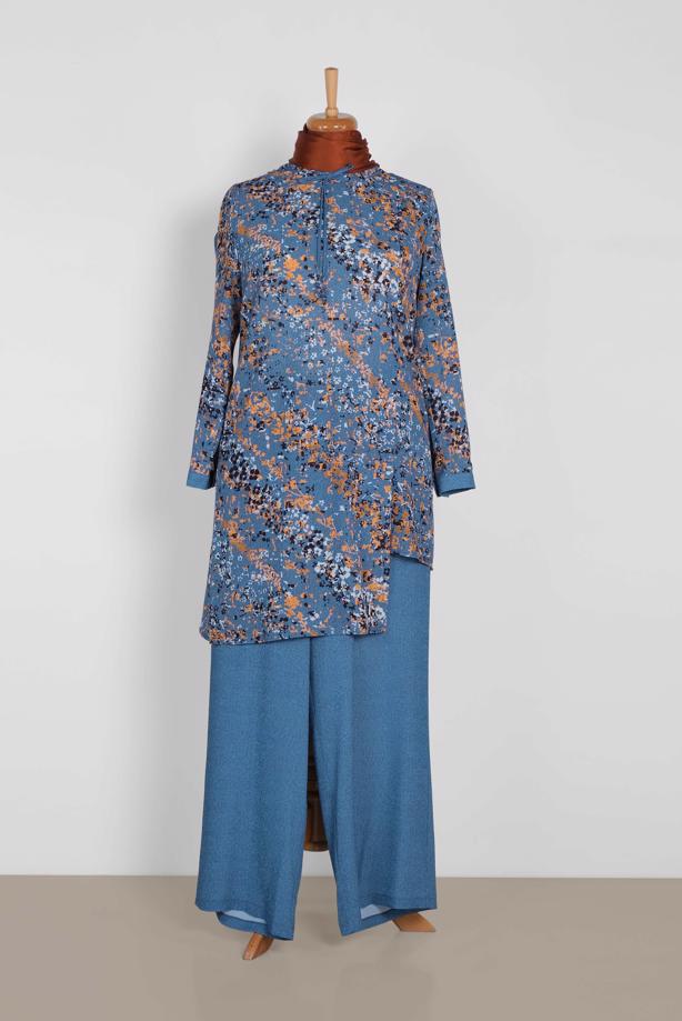 Tesettür giyim LACİVERT ÇİÇEK DESENLİ ASİMETRİK PANTOLONLU TAKIM 2869 - TRENDTESETTÜR