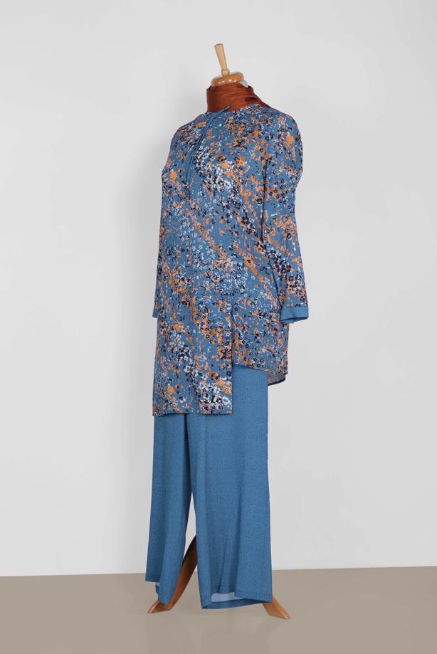 Tesettür giyim LACİVERT ÇİÇEK DESENLİ ASİMETRİK PANTOLONLU TAKIM 2869 - TRENDTESETTÜR