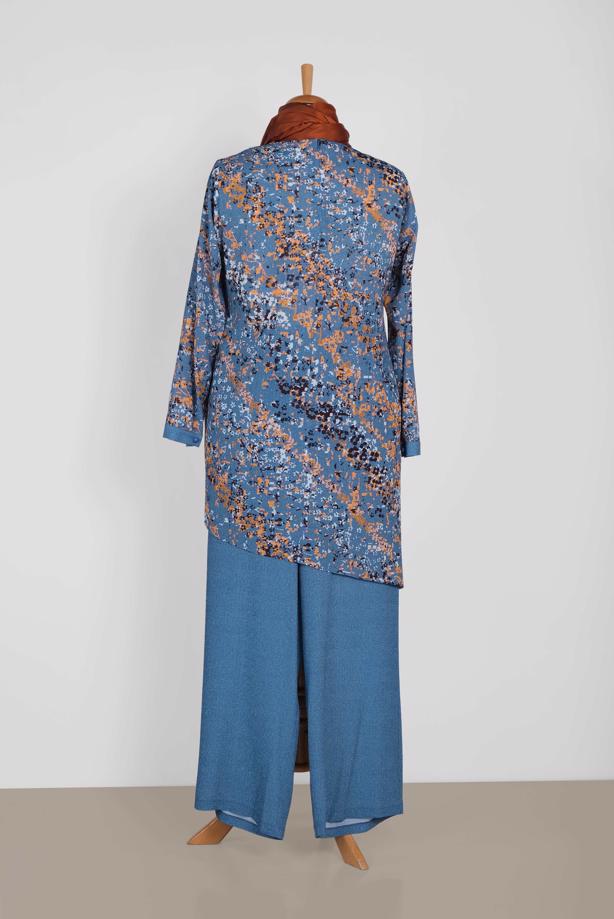 Tesettür giyim LACİVERT ÇİÇEK DESENLİ ASİMETRİK PANTOLONLU TAKIM 2869 - TRENDTESETTÜR