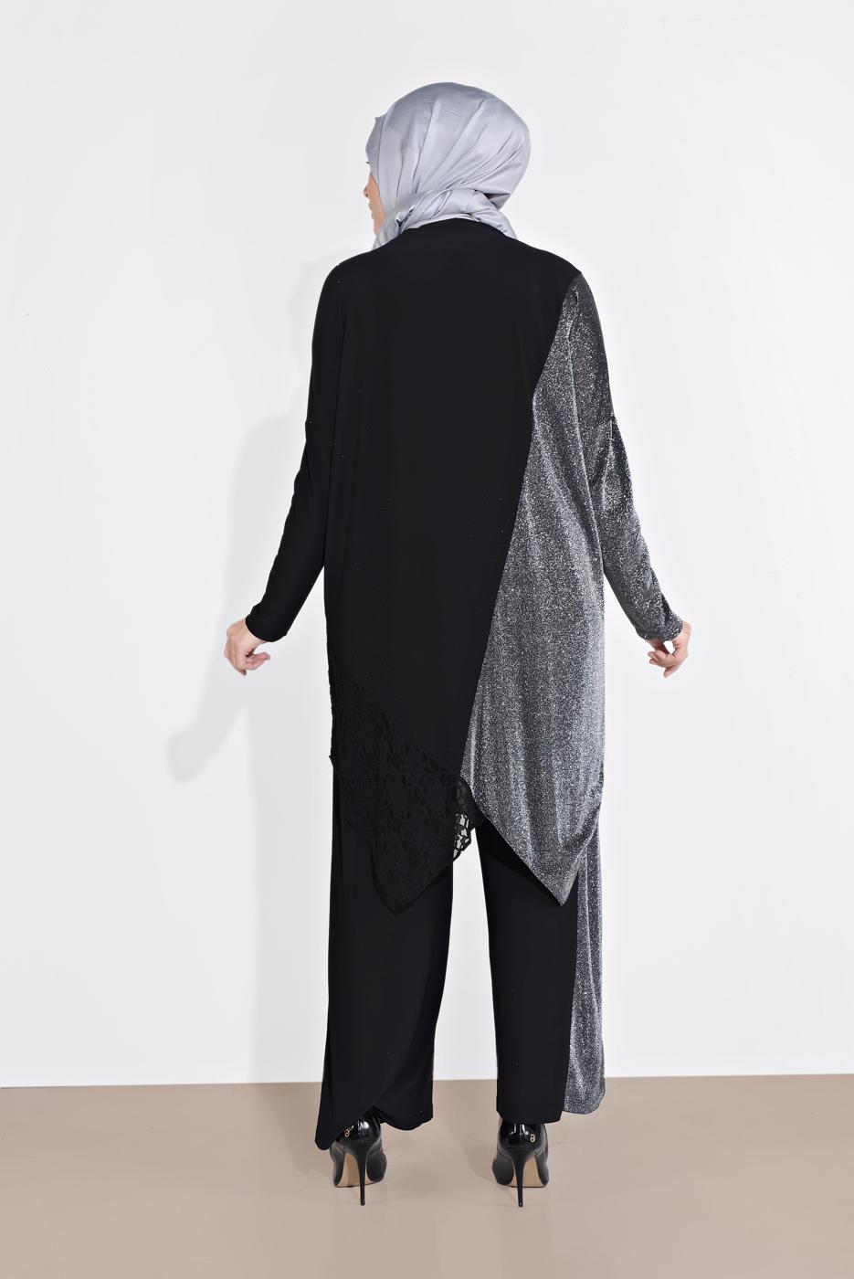 Tesettür giyim SİYAH ASİMETRİK KESİM KUMAŞ MİX PANTOLONLU TAKIM 2880 