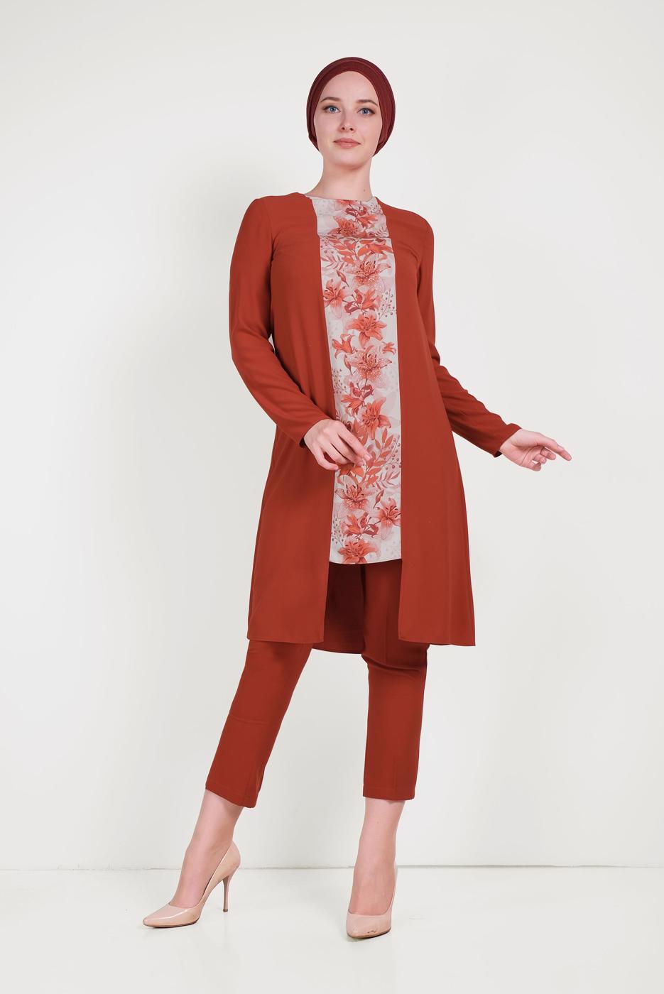 Tesettür giyim KAHVE ALVİNA DESENLİ PANTOLONLU TAKIM T 30020 