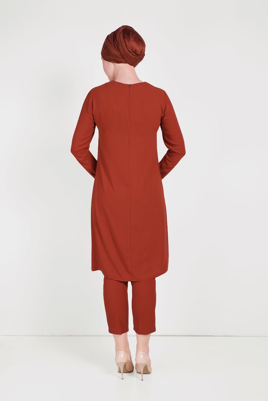 Tesettür giyim KAHVE ALVİNA DESENLİ PANTOLONLU TAKIM T 30020 