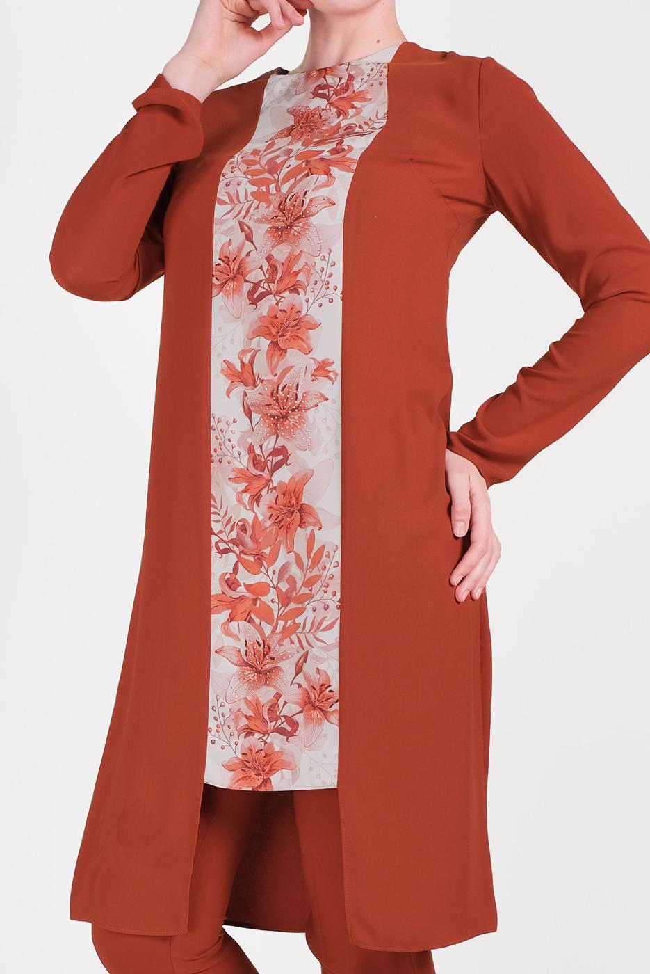 Tesettür giyim KAHVE ALVİNA DESENLİ PANTOLONLU TAKIM T 30020 