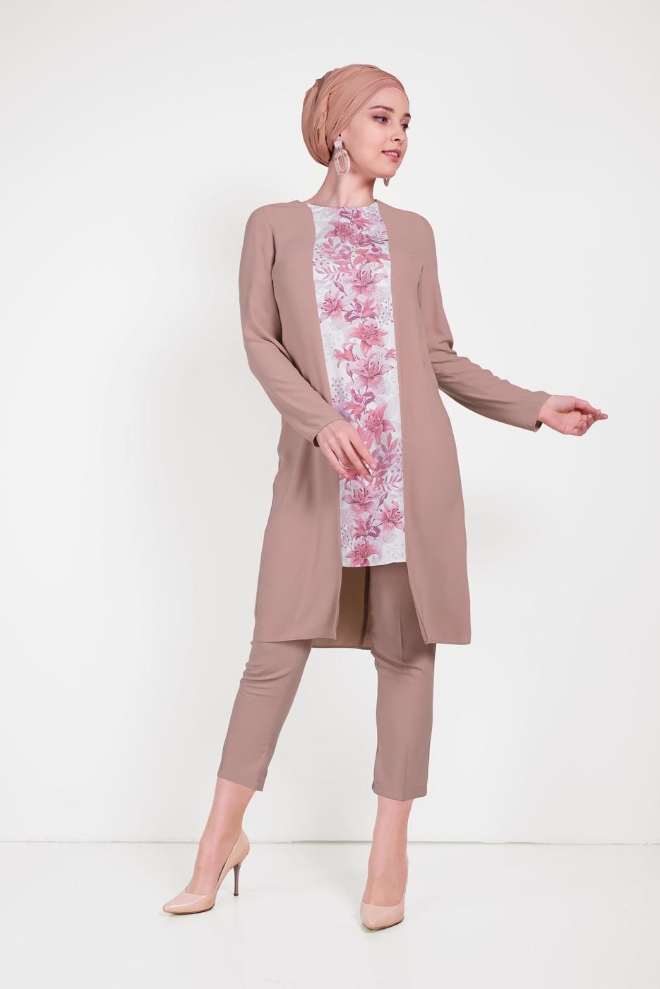 Tesettür giyim PUDRA ALVİNA DESENLİ PANTOLONLU TAKIM T 30020 