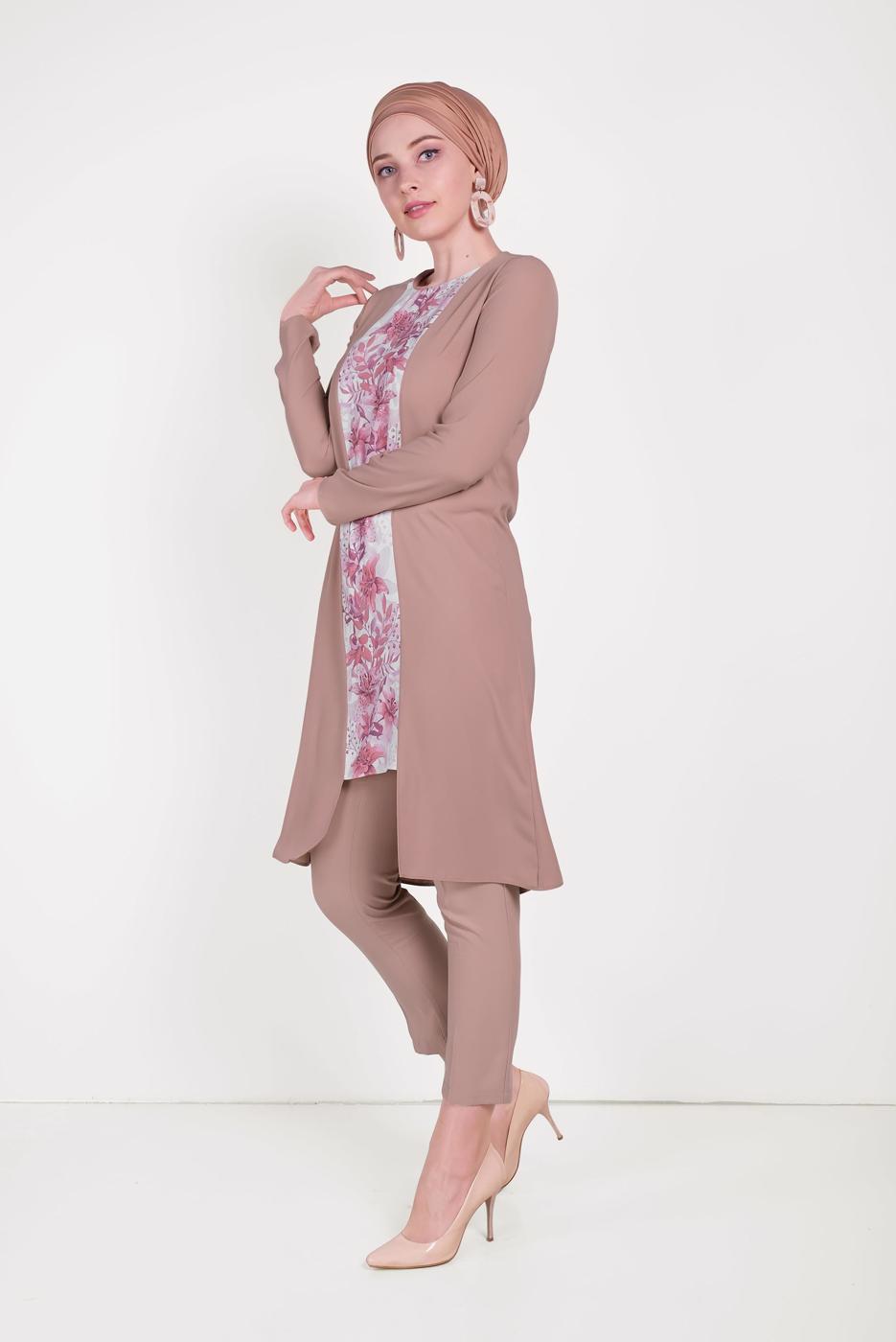 Tesettür giyim PUDRA ALVİNA DESENLİ PANTOLONLU TAKIM T 30020 