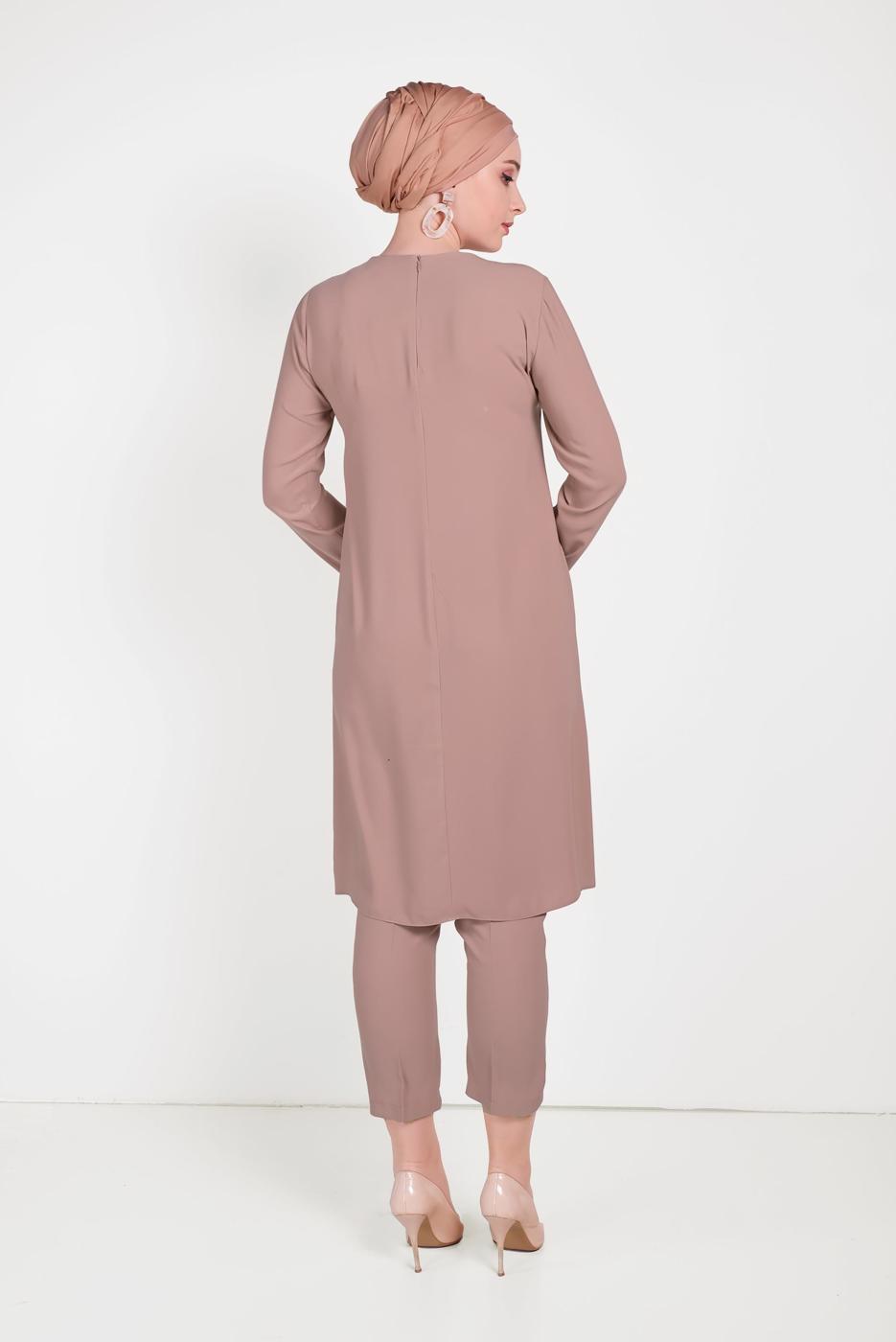 Tesettür giyim PUDRA ALVİNA DESENLİ PANTOLONLU TAKIM T 30020 