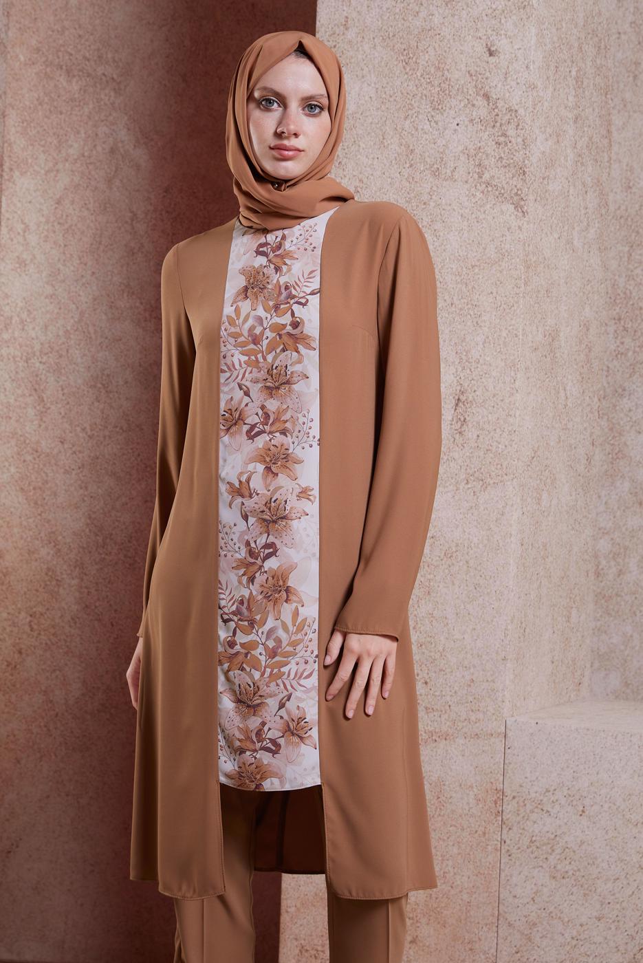 Tesettür giyim KAHVE ALVİNA DESENLİ PANTOLONLU TAKIM T 30020 