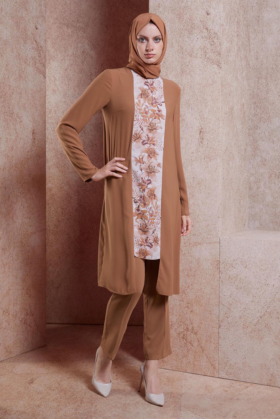 Tesettür giyim KAHVE ALVİNA DESENLİ PANTOLONLU TAKIM T 30020 