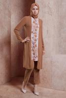 Tesettür giyim KAHVE ALVİNA DESENLİ PANTOLONLU TAKIM T 30020 