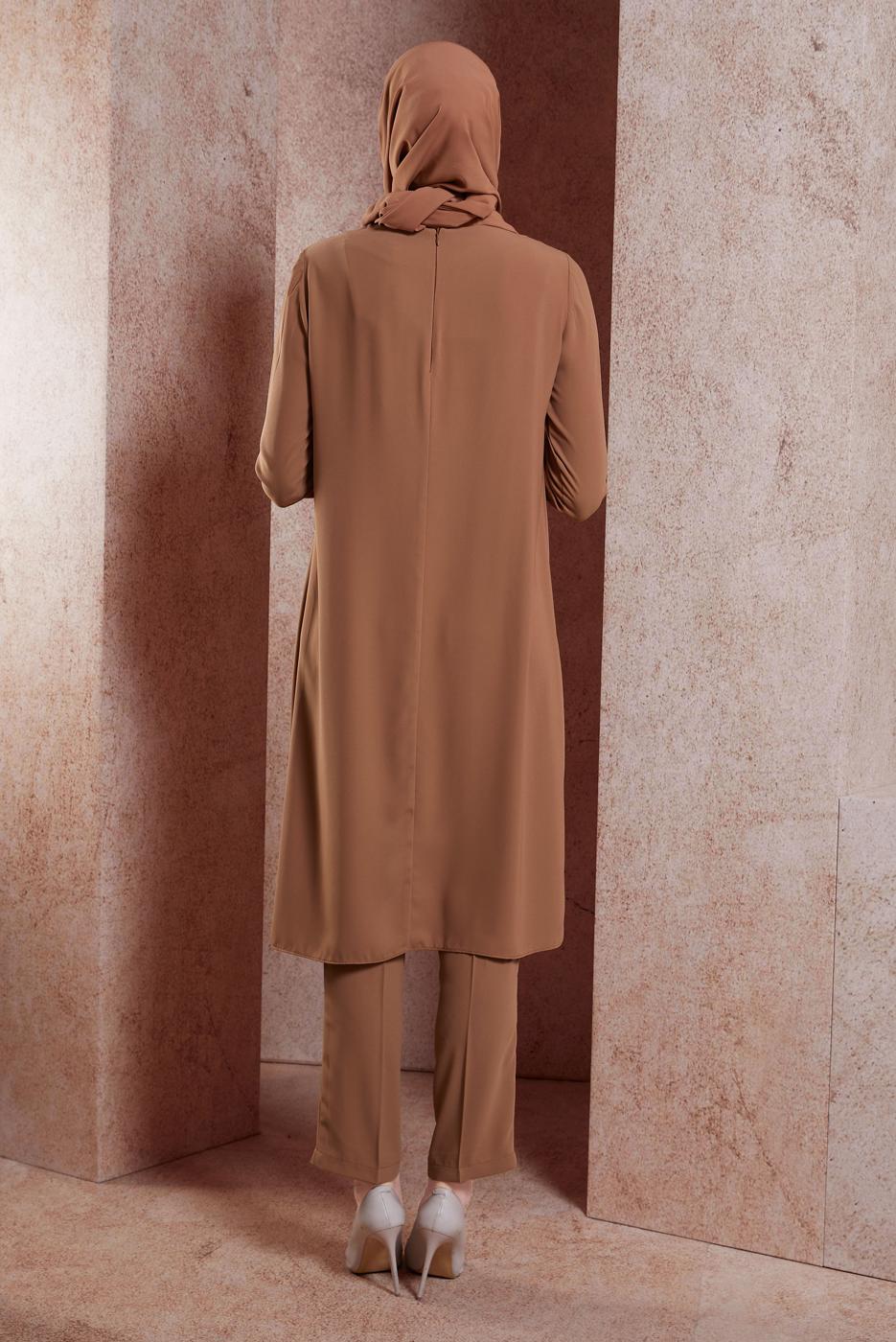 Tesettür giyim KAHVE ALVİNA DESENLİ PANTOLONLU TAKIM T 30020 