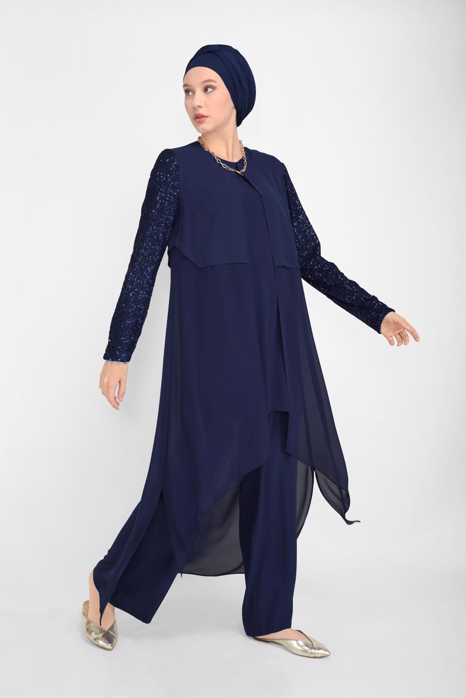 Tesettür giyim LACİVERT ALVİNA PUL PAYETLİ ÜÇLÜ PANT. TAKIM 30036 