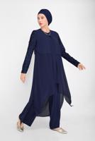 Tesettür giyim LACİVERT ALVİNA PUL PAYETLİ ÜÇLÜ PANT. TAKIM 30036 