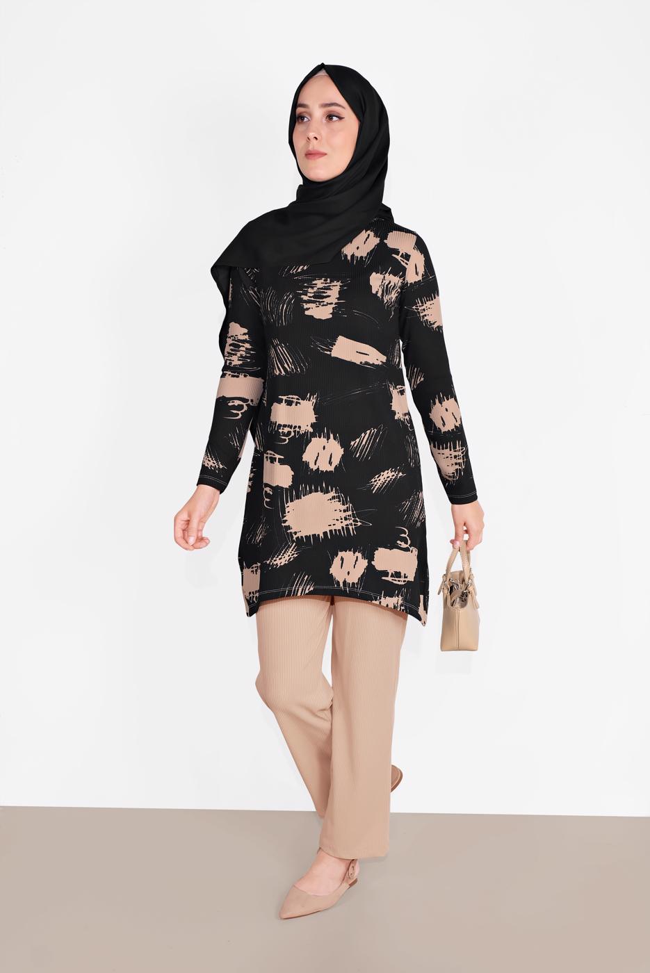 Tesettür giyim SİYAH FİTİLLİ DESENLİ PANTOLONLU TAKIM  3026 