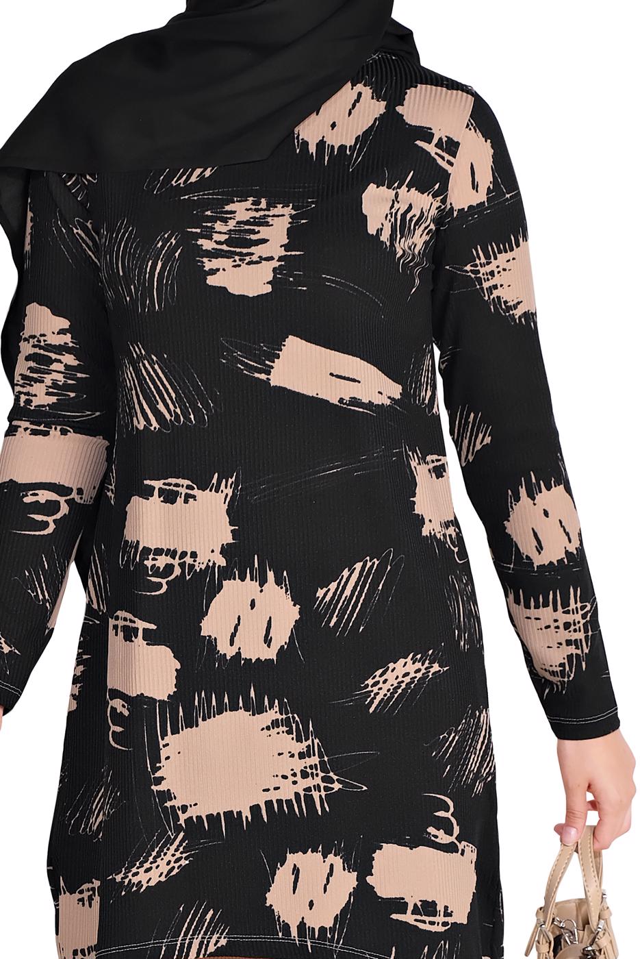 Tesettür giyim SİYAH FİTİLLİ DESENLİ PANTOLONLU TAKIM  3026 