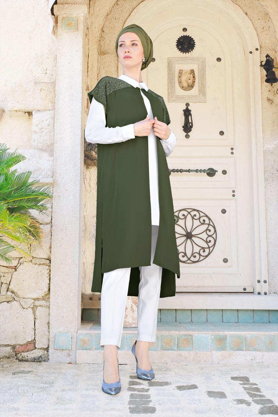 Tesettür giyim HAKİ ALVİNA BONCUK DETAYLI 3&prime;LÜ PANTOLONLU TAKIM 3512P