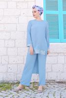 Tesettür giyim MAVİ ALVİNA PUL PAYET İŞLEMELİ 2&prime;Lİ PANTOLONLU TAKIM 3523