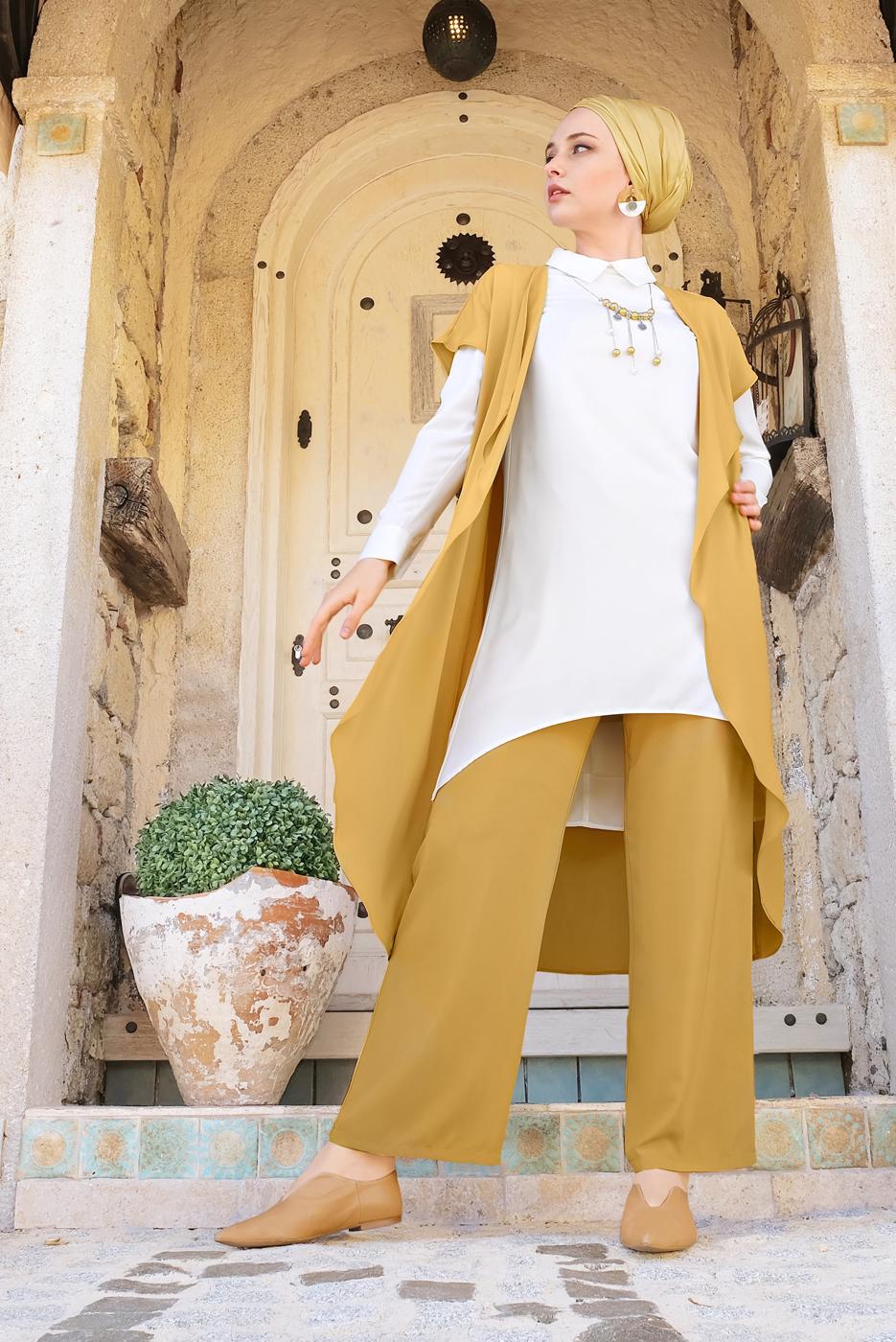 Tesettür giyim TURUNCU ALVİNA SALAŞ KESİM 3&prime;LÜ PANTOLONLU TAKIM 3526