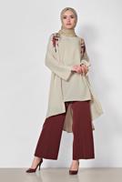 Tesettür giyim BEJ ALVİNA ÇİÇEK DESENİ DETAYLI 3&prime;LÜ PANTLONLU TAKIM 3528