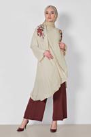 Tesettür giyim BEJ ALVİNA ÇİÇEK DESENİ DETAYLI 3&prime;LÜ PANTLONLU TAKIM 3528