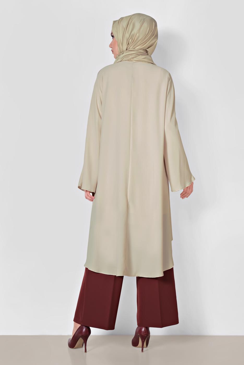 Tesettür giyim BEJ ALVİNA ÇİÇEK DESENİ DETAYLI 3&prime;LÜ PANTLONLU TAKIM 3528