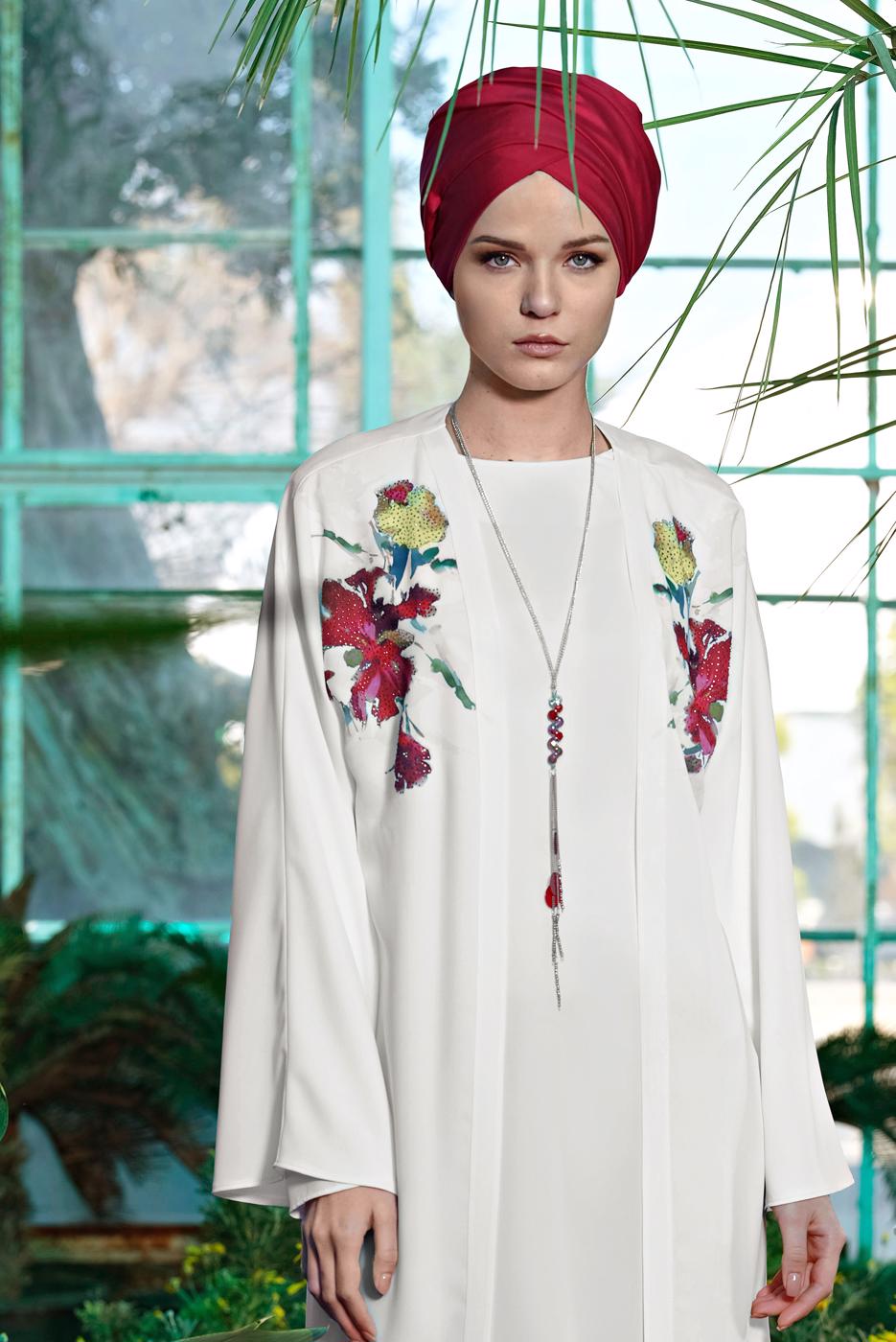 Tesettür giyim KREM ALVİNA ÇİÇEK DESENİ DETAYLI 3&prime;LÜ PANTLONLU TAKIM 3528