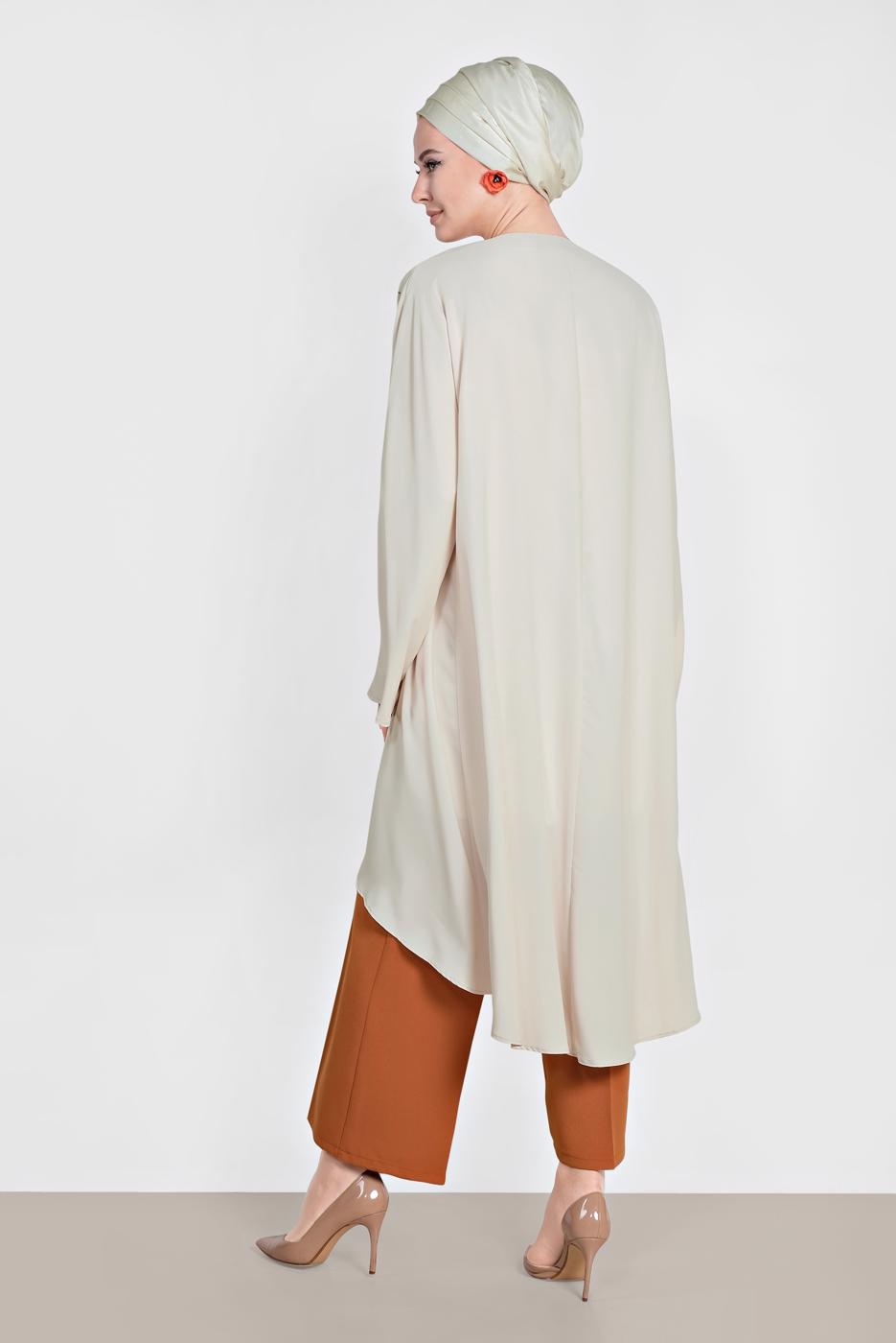 Tesettür giyim BEJ ALVİNA ÇİÇEK DESENİ DETAYLI 3&prime;LÜ PANTLONLU TAKIM 3528