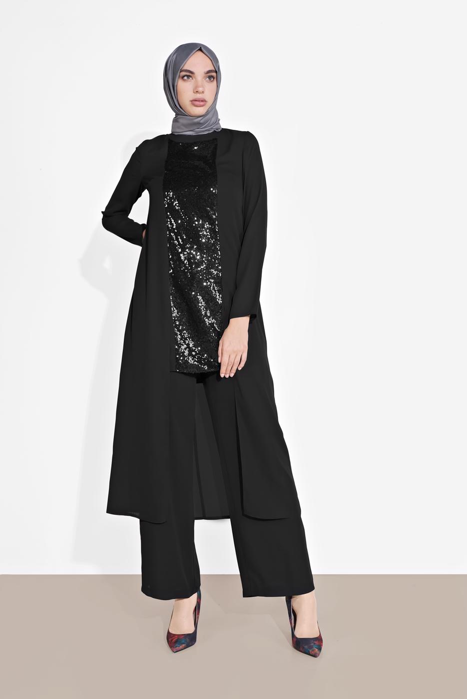 Tesettür giyim SİYAH ALVİNA İKİLİ PANTOLONLU TAKIM T 3537
