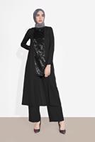 Tesettür giyim SİYAH ALVİNA İKİLİ PANTOLONLU TAKIM T 3537