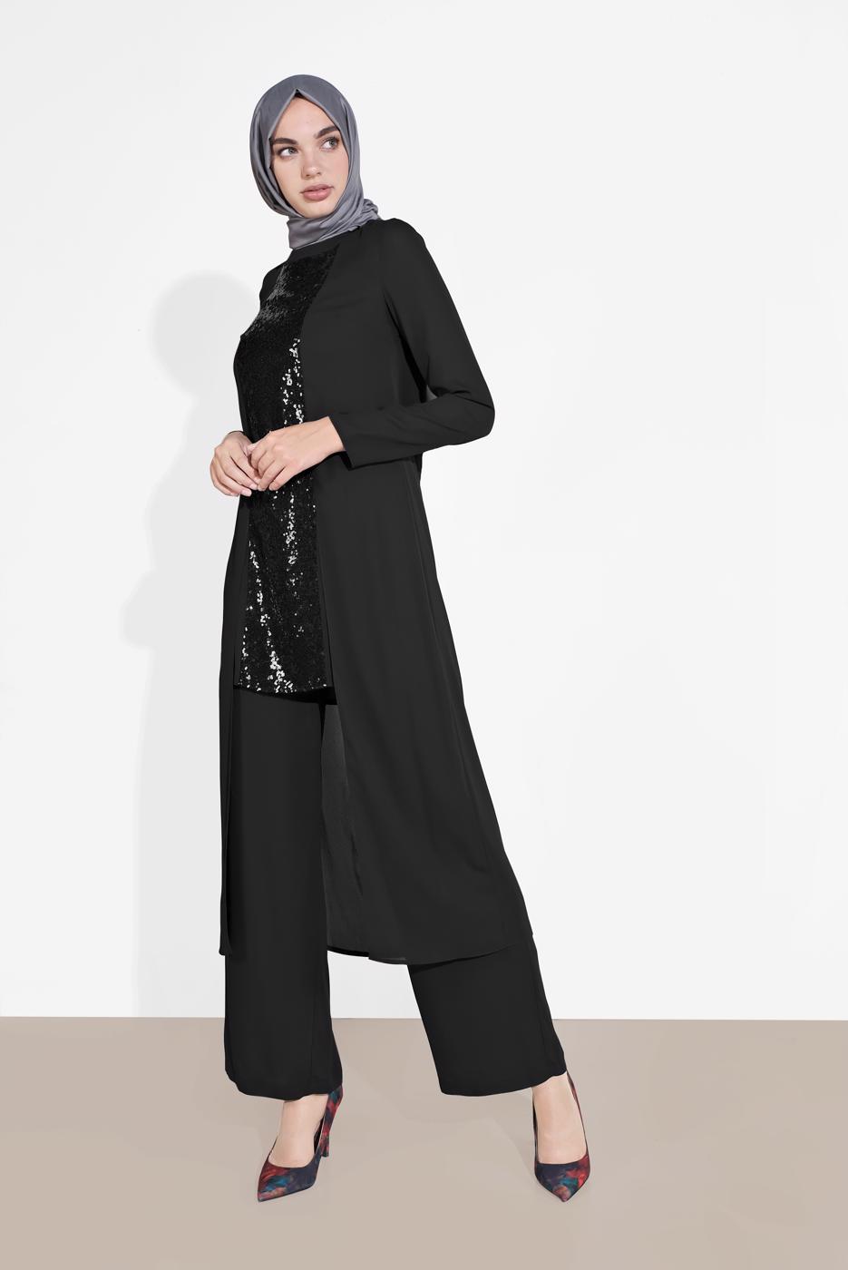 Tesettür giyim SİYAH ALVİNA İKİLİ PANTOLONLU TAKIM T 3537