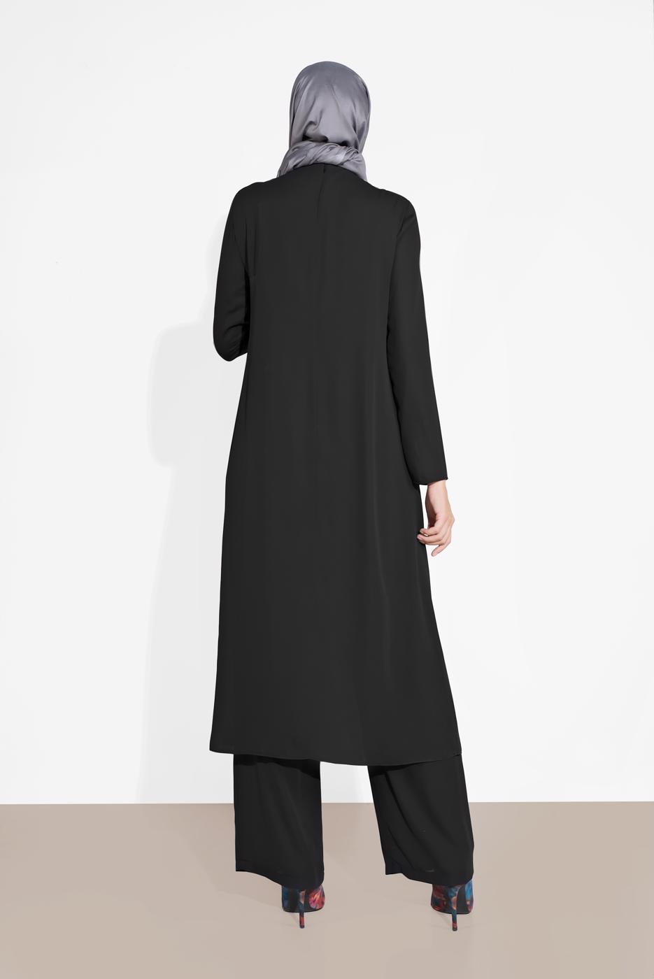 Tesettür giyim SİYAH ALVİNA İKİLİ PANTOLONLU TAKIM T 3537