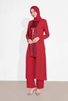 Tesettür giyim KIRMIZI ALVİNA İKİLİ PANTOLONLU TAKIM T 3537