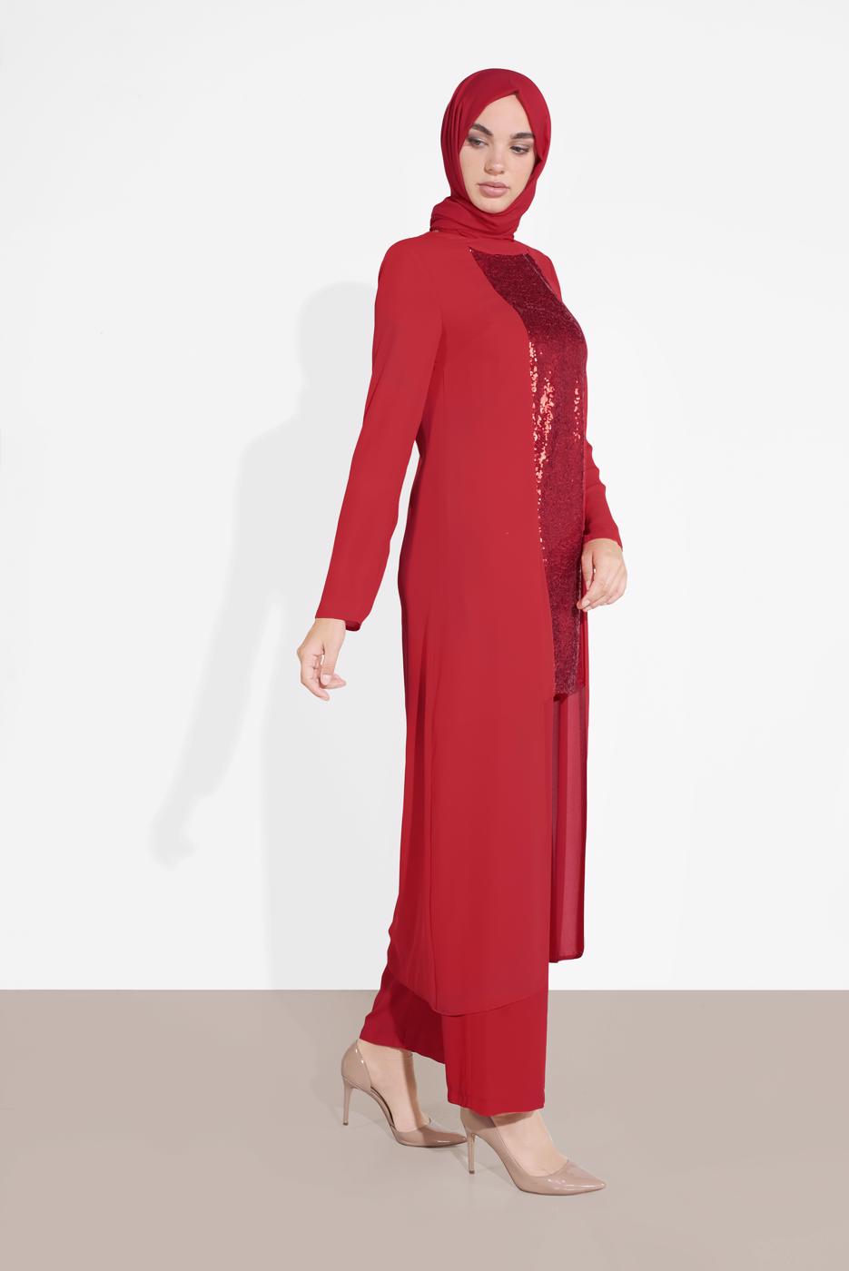 Tesettür giyim KIRMIZI ALVİNA İKİLİ PANTOLONLU TAKIM T 3537