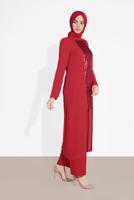 Tesettür giyim KIRMIZI ALVİNA İKİLİ PANTOLONLU TAKIM T 3537