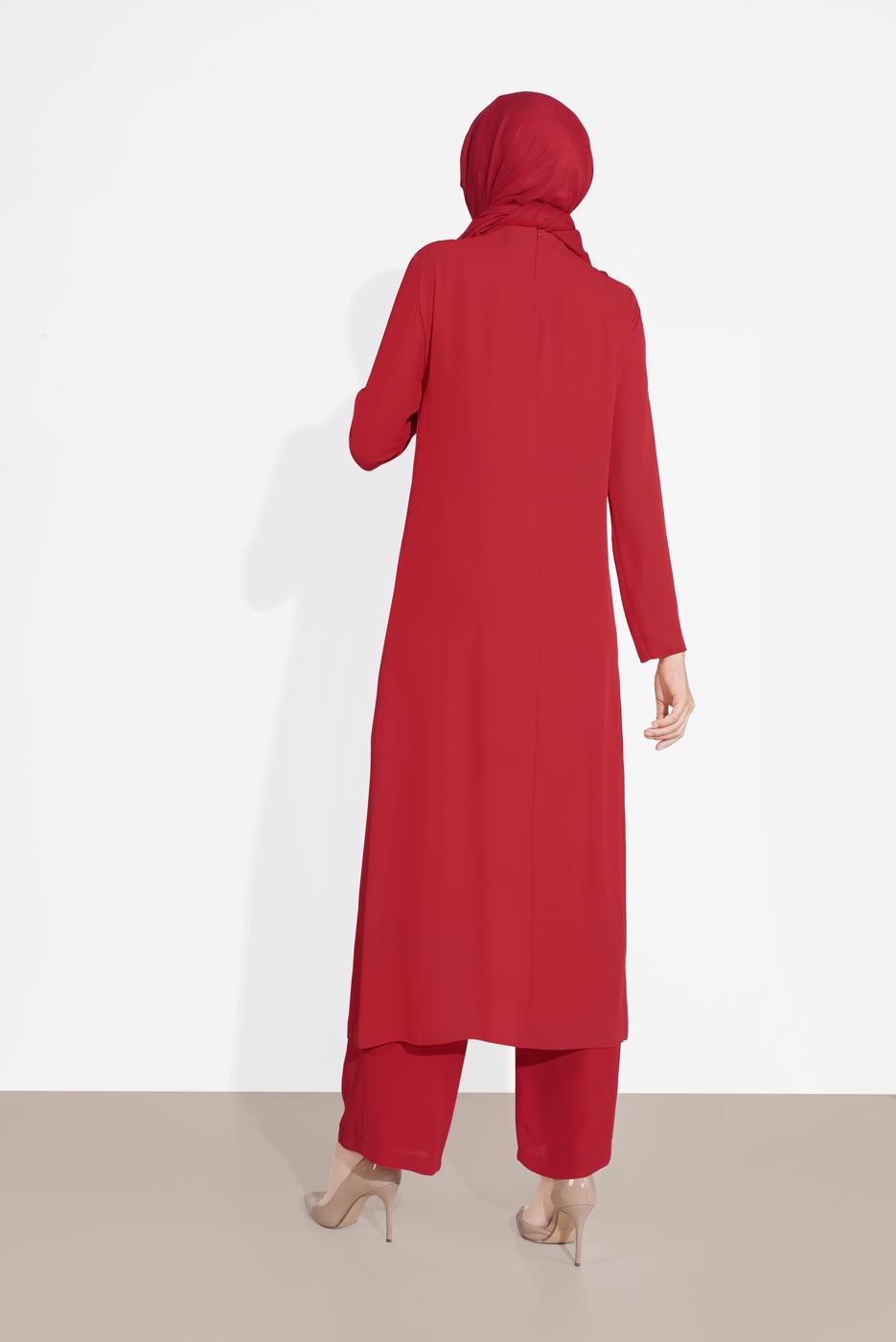 Tesettür giyim KIRMIZI ALVİNA İKİLİ PANTOLONLU TAKIM T 3537
