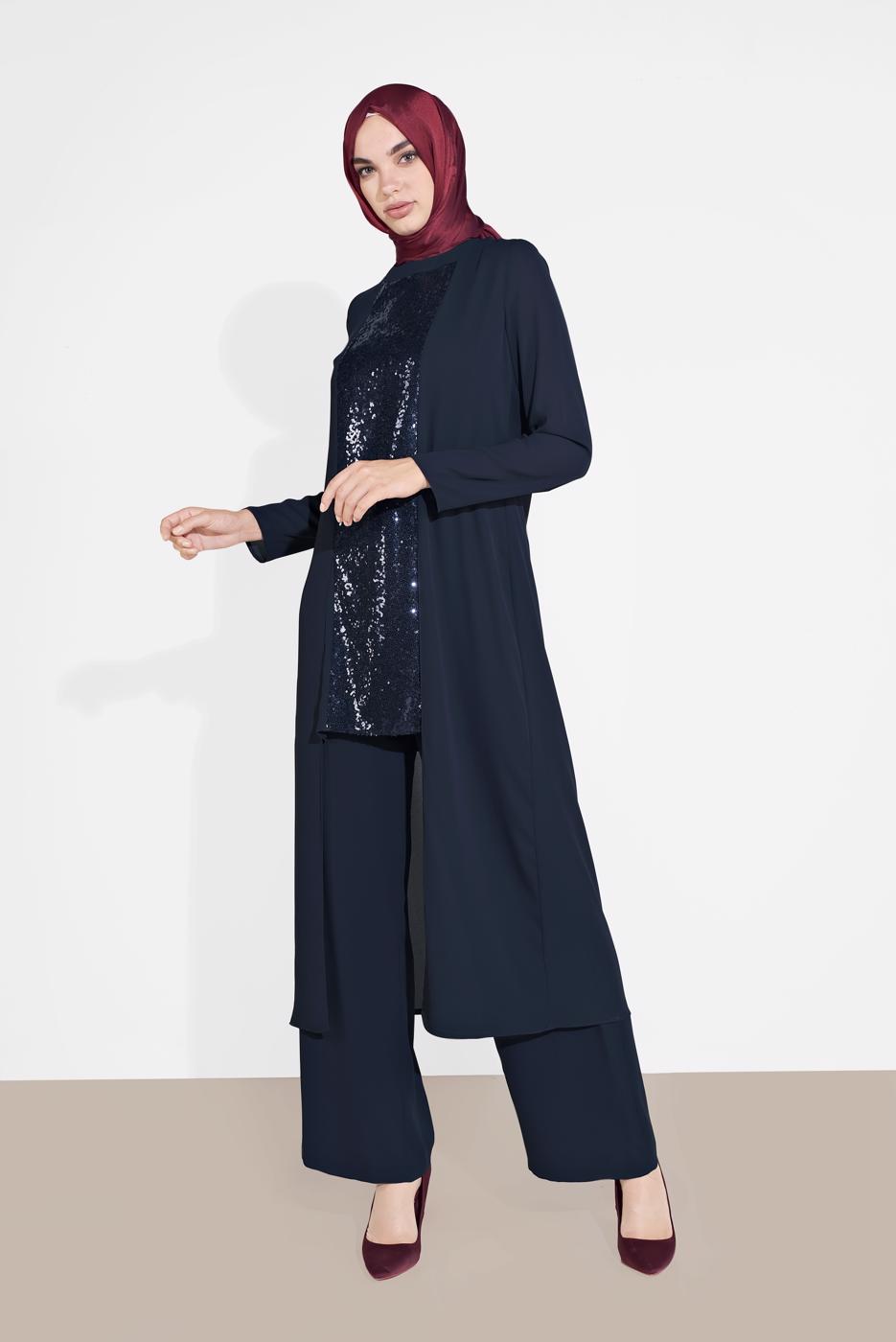 Tesettür giyim LACİVERT ALVİNA İKİLİ PANTOLONLU TAKIM T 3537