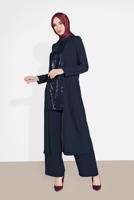 Tesettür giyim LACİVERT ALVİNA İKİLİ PANTOLONLU TAKIM T 3537