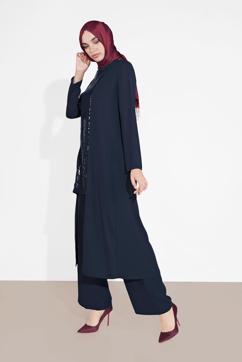 Tesettür giyim LACİVERT ALVİNA İKİLİ PANTOLONLU TAKIM T 3537