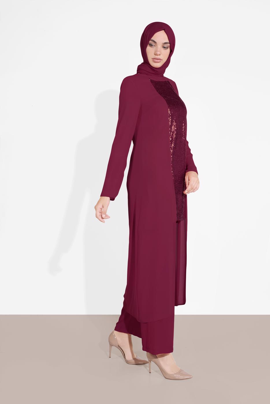 Tesettür giyim MOR ALVİNA İKİLİ PANTOLONLU TAKIM T 3537