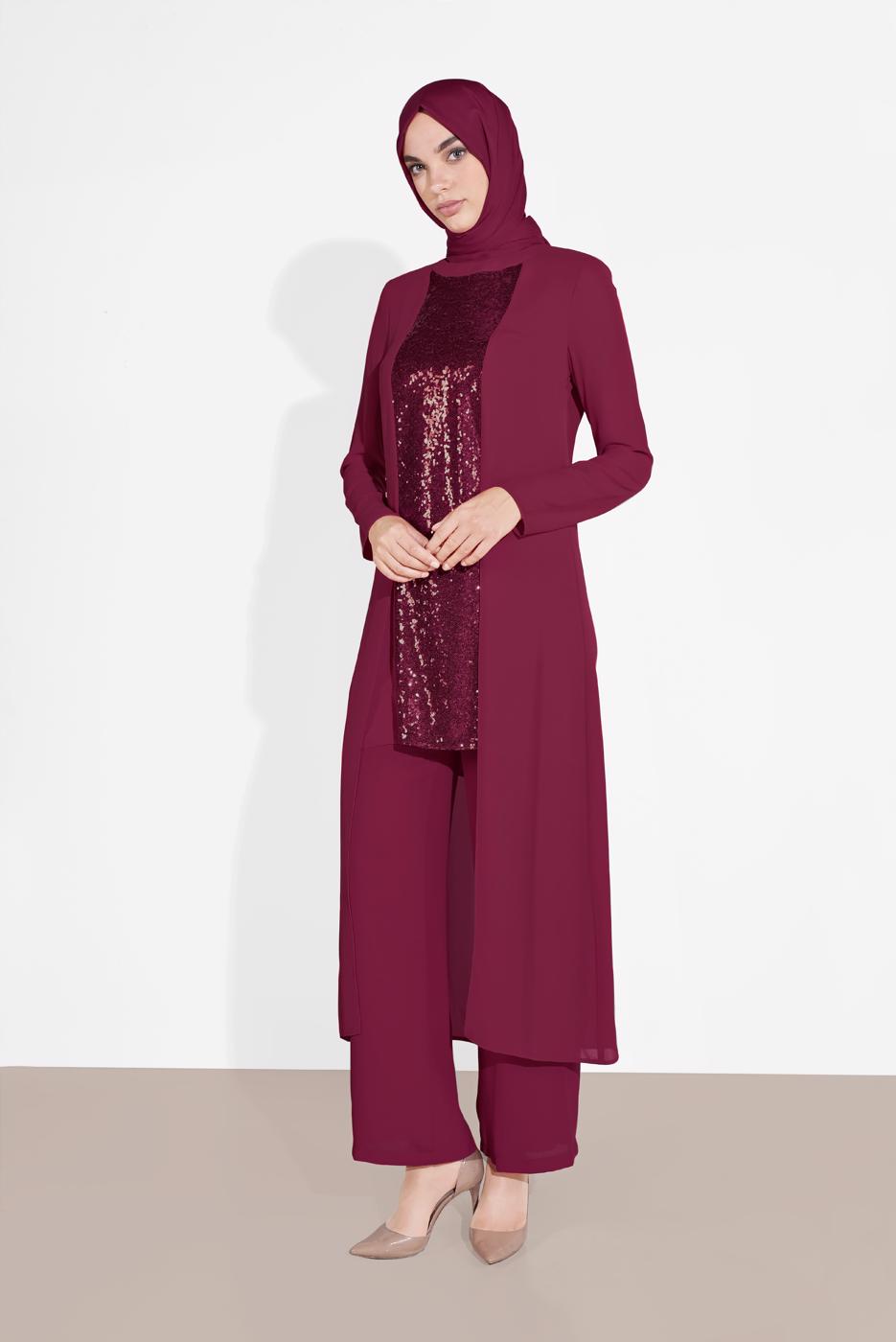 Tesettür giyim MOR ALVİNA İKİLİ PANTOLONLU TAKIM T 3537