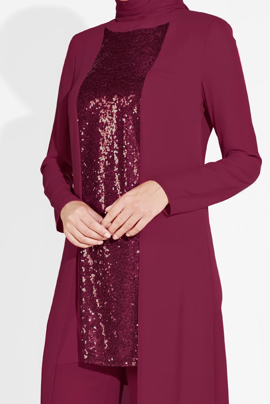 Tesettür giyim MOR ALVİNA İKİLİ PANTOLONLU TAKIM T 3537