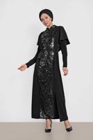 Tesettür giyim SİYAH HAKİM YAKA OMUZLARI VOLANLI İKİLİ ETEKLİ TAKIM T 3544