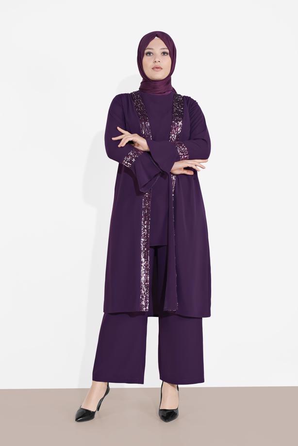 Tesettür giyim MOR ALVİNA PUL PAYET 3′LÜ PANTOLONLU TAKIM  3546  - TRENDTESETTÜR