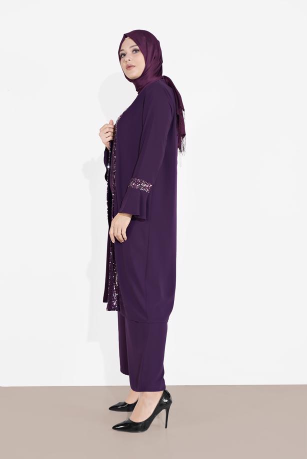 Tesettür giyim MOR ALVİNA PUL PAYET 3′LÜ PANTOLONLU TAKIM  3546  - TRENDTESETTÜR